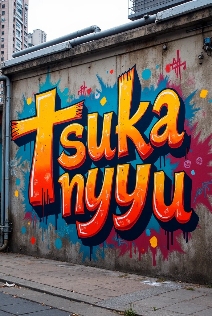 There is a graffiti with the words Tsuka Nyu 
