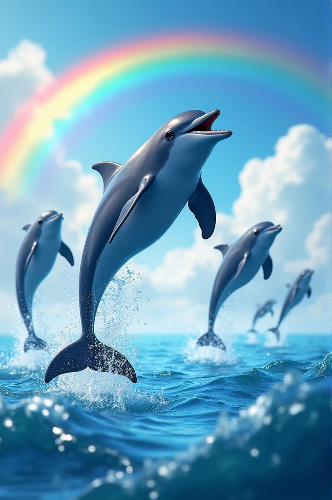 Jumping dolphins and a rainbow