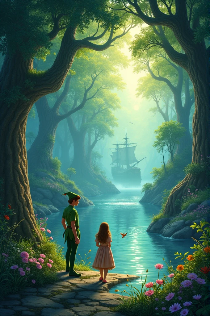 Cover for a book featuring Neverland, Peter Pan e Wendy e com a escrita "The Magic of Neverland"