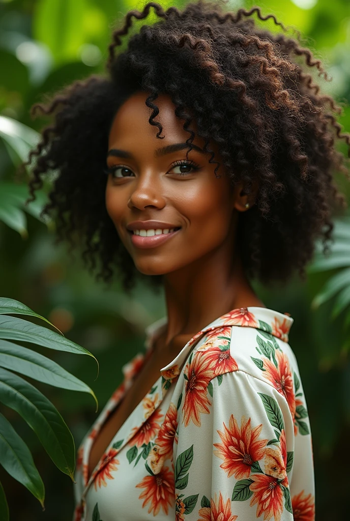A Brazilian woman in a lush tropical garden, wearing an open shirt with a floral print, with a close-up capturing the harmonious beauty between her breasts and the natural flowers, showing off your natural charm and outgoing personality.
