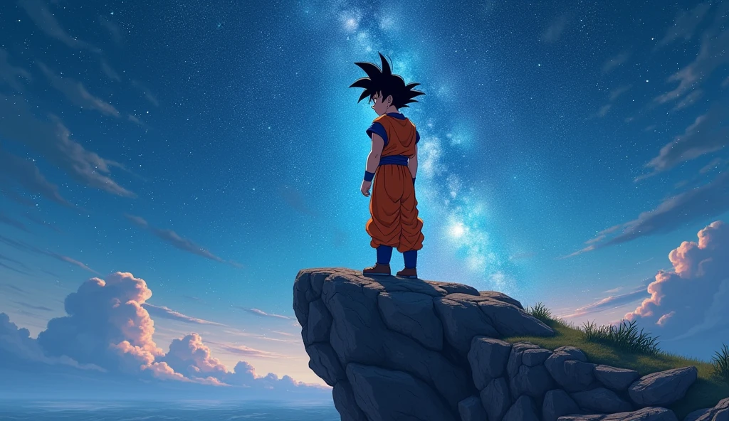 Goku, boy on top of a big rock, looking at the horizon, orange clothes, starry night sky, Bright stars in the sky,