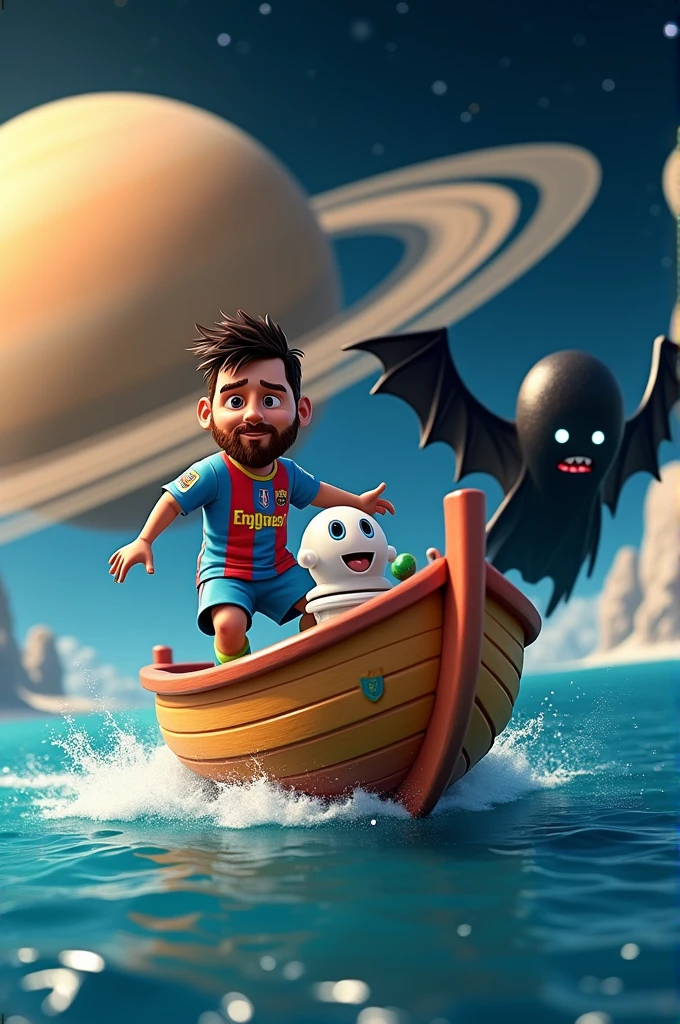 Animated boat with Messi and a skibidi toilet sailing the seven seas on Saturn while a real black ghost with wings and laser beams chases them