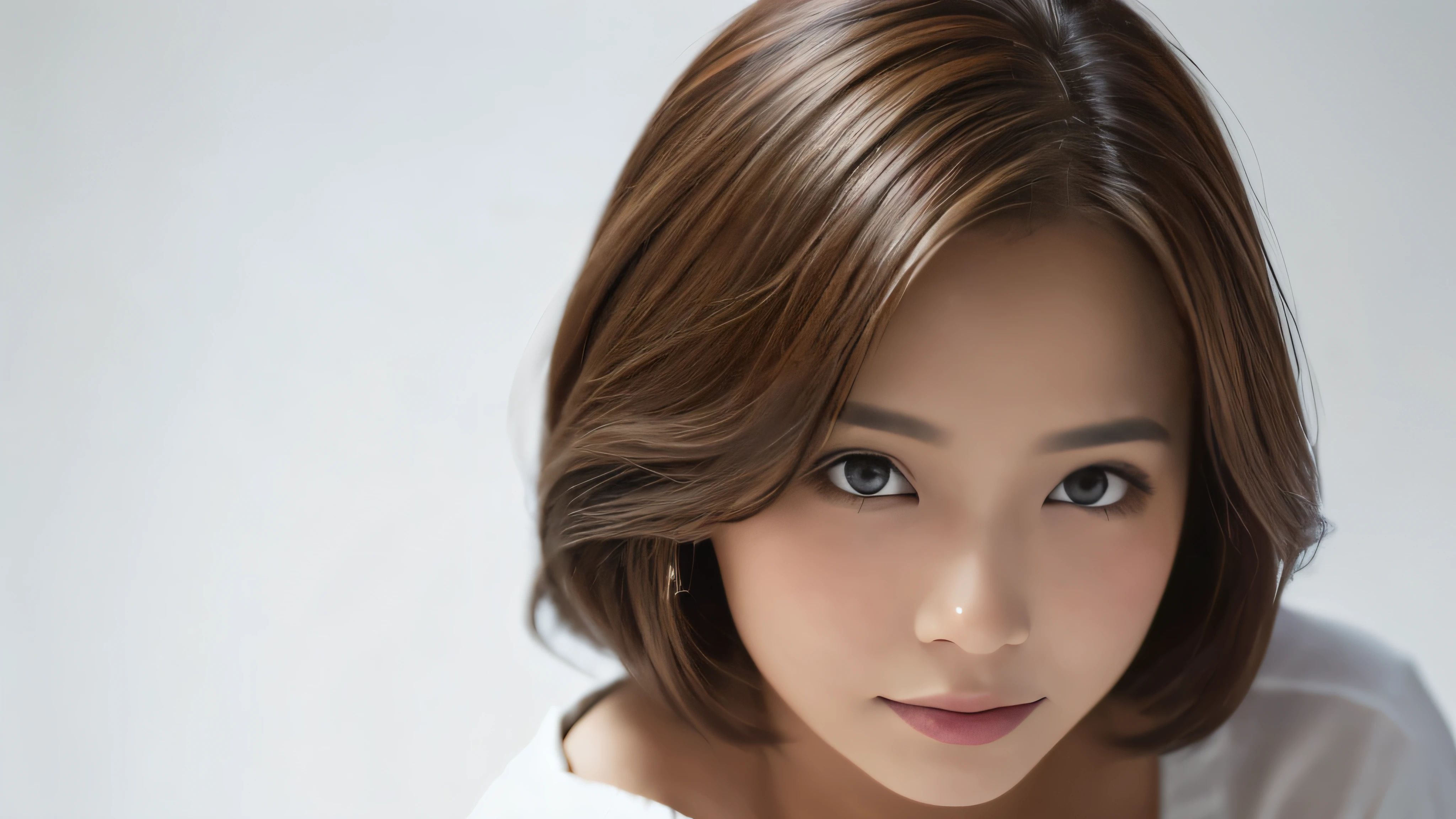 (Realistic: 1.4), (Highest quality: 1.4), (fine grain), ((No background)), ((I'is working)), ((One Young Woman)), Black short bob hair, ((suit)), Big eyes, Blushed, ((smile)), Highly detailed face and skin texture, Healthy Skin, 8k resolution