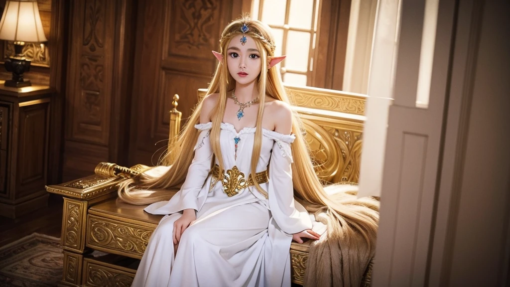 Princess Zelda、Blonde Long Hair、A white dress with gorgeous decorations