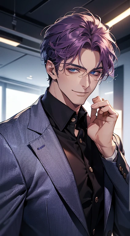 (best quality, masterpiece, 8K, photorealistic, cinematic lighting, 1:4 hdr image, ultra detailed, beautiful image), a mature man, 35 years very handsome, ((cold expression smile in love)), short  purple hair, blue eyes, face perfect without mistakes, ((buttoning his jacket, CEO)), smile.