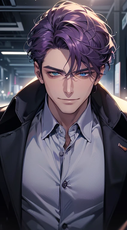 (best quality, masterpiece, 8K, photorealistic, cinematic lighting, 1:4 hdr image, ultra detailed, beautiful image), a man, 35 years very handsome, ((cold expression smile in love)), short purple hair, blue eyes, face perfect without mistakes, ((buttonhis jacket, CEO)), smile.