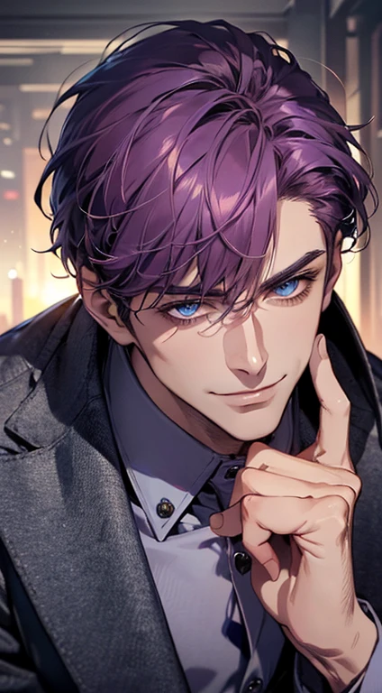 (best quality, masterpiece, 8K, photorealistic, cinematic lighting, 1:4 hdr image, ultra detailed, beautiful image), a mature man, 35 years very handsome, ((cold expression smile in love)), short  purple hair, blue eyes, face perfect without mistakes, ((buttoning his jacket, CEO)), smile.
