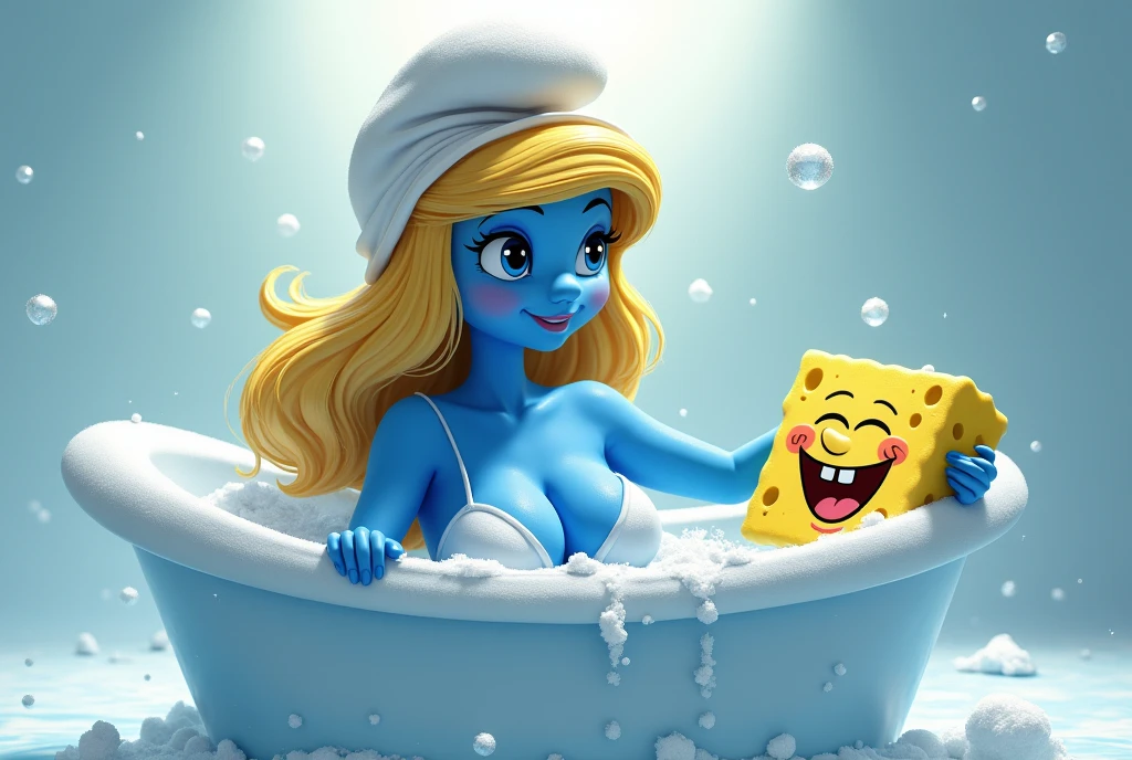 (1girl, smurfetteOC:1), cute, (hat, white dress:1.2), looking at viewer, (naked:1) (curvy), light smile, sexy,( colored skin, blue skin, blonde:1.2), (cartoon:1.2), (boobs:1) smol,
(simple background, particles:1), (full body:1), taking a bath holding a happy (Sponge Bob:1) ,uhd,4 k,(nsfw:1),shiny
(masterpiece:1.2), (best quality, highest quality), (ultra detailed), (8k, 4k, intricate), (50mm),