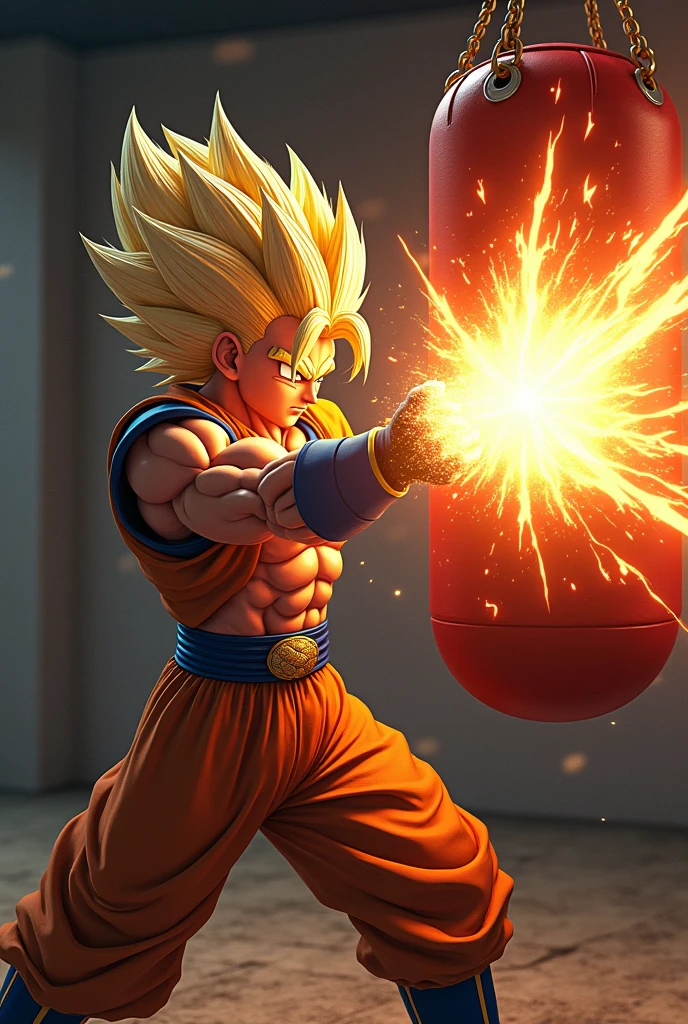 Crie um super Sayajin socando um saco off box enquanto aparece cenas como se o saco tivesse explodindo e aparece também cenas como se o saco estivesse (((beating))) very much with the (((to establish))) dos ((Hits)) da mão offle dando um golpe muito forte ao ponto off rasgar usando uma (((armour))) off (((knightgirl)))