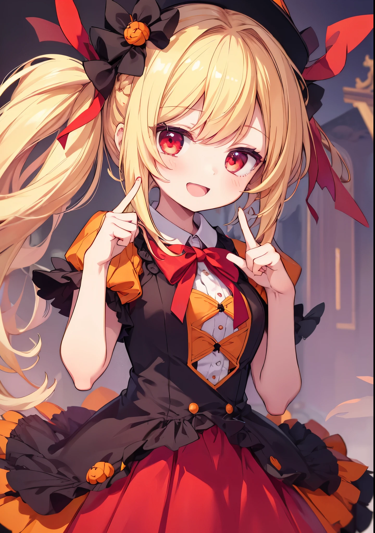 One girl. Idol style cartoon character, cute face, big mouth, big smile, droopy eyes, kind loving face, bright expression, blond twin-tail hair, red ribbon, wearing red ribbon, Halloween costume dress, open hands, face in focus, front view, red eyes, both hands 5 fingers, No shadow on background, high quality