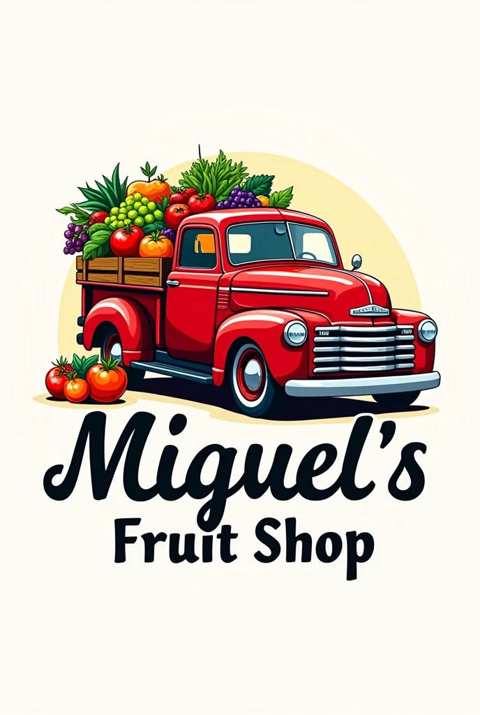 Logo of a red truck with fruits and vegetables With the name (MIGUEL&#39;S FRUIT SHOP) in Spanish