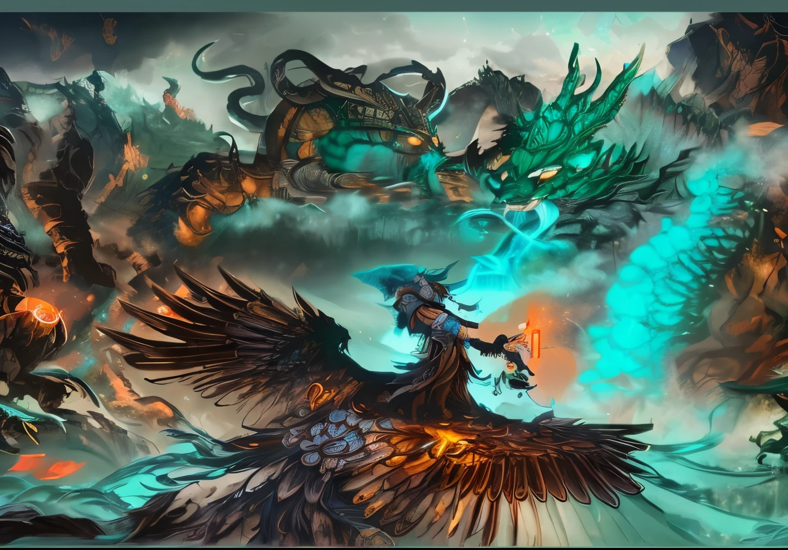 four symbols ofchinese mythology,xuanwu,qinglong,zhuque,digitalart,conceptart,fantasydark atmosphere,foggymountains