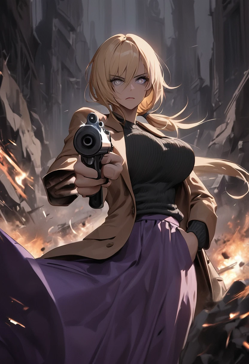 masterpiece), best quality, expressive eyes, perfect face, dark art, grey eyes, black sweater, long skirt, purple skirt, brown jacket, large breasts, bangs, blonde hair, karin funger, low ponytail, posing, posing with a pistol in her hand, aiming with her pistol, mauser pistol, epic composition, , holding gun, handgun, hand in pocket, aiming, holding weapon, determined face, determined eyes, pointing gun at you, pointing with gun, aiming gun at you 