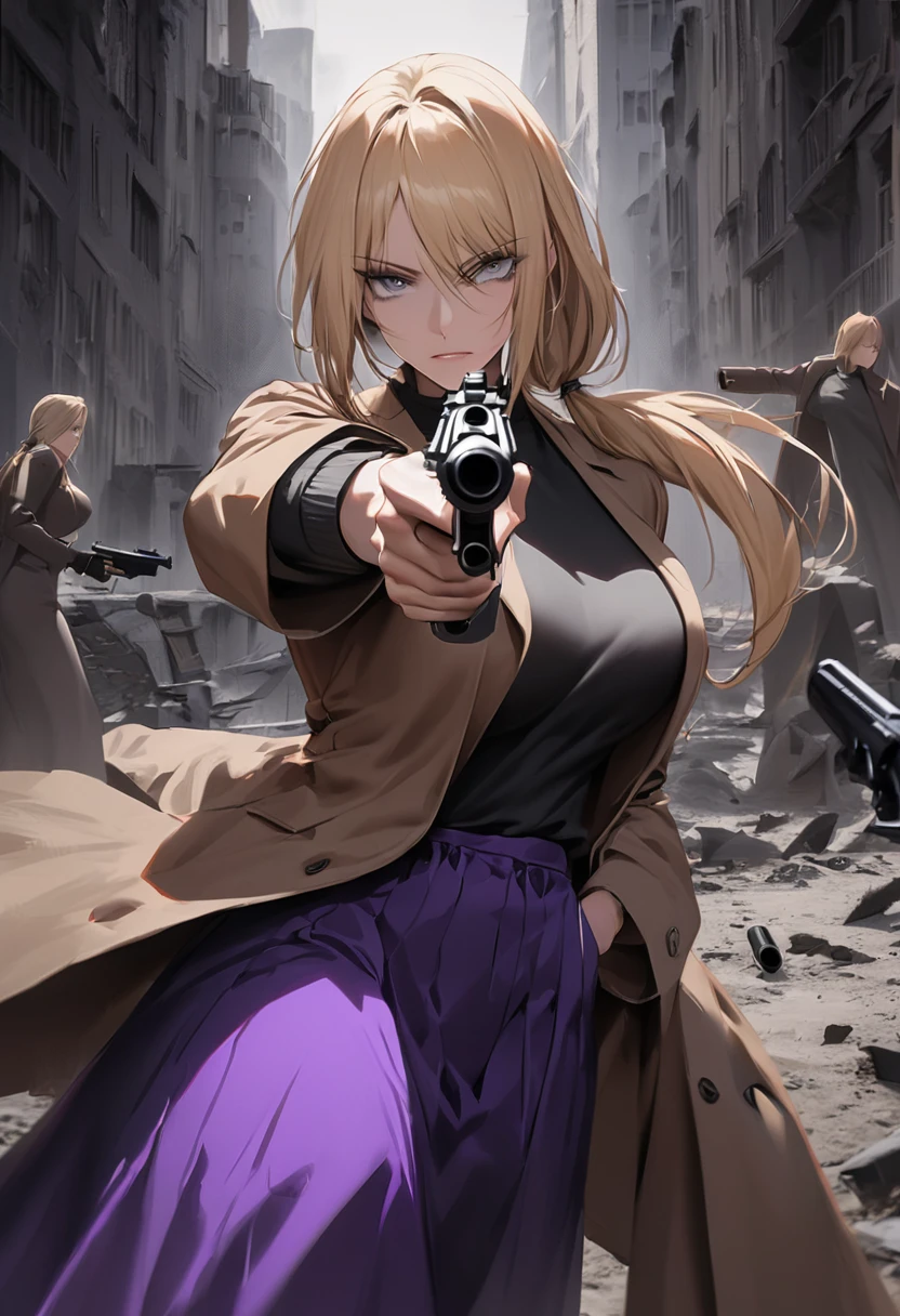 masterpiece), best quality, expressive eyes, perfect face, dark art, grey eyes, black sweater, long skirt, purple skirt, brown jacket, large breasts, bangs, blonde hair, karin funger, low ponytail, posing, posing with a pistol in her hand, aiming with her pistol, mauser pistol, epic composition, , holding gun, handgun, hand in pocket, aiming, holding weapon, determined face, determined eyes, pointing gun at you, pointing with gun, aiming gun at you