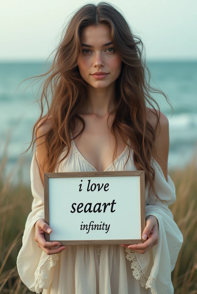 Beautiful girl with wavy long hair, bohemian dress, holding a white board with text "I Love Seaart Infinity" and showing it to the viewer