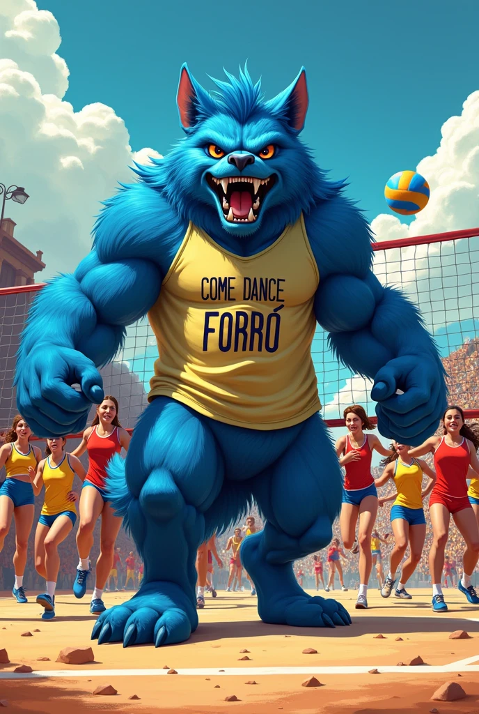 volleyball team with angry blue animal with a shirt written come dance forró