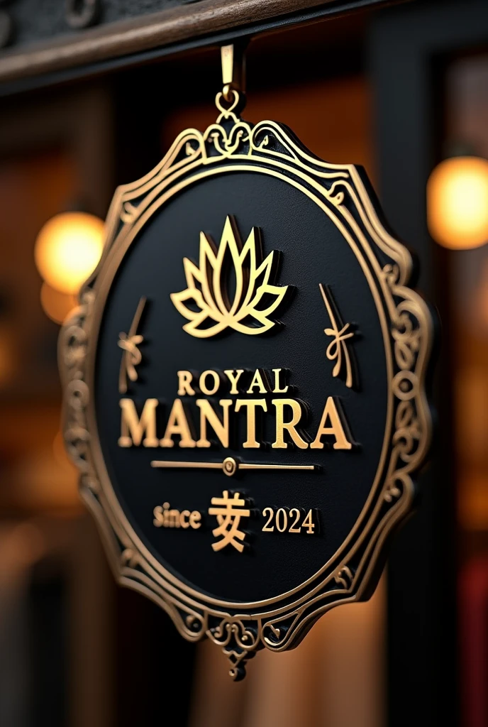 Create a clothing showroom sign featuring the name 'Royal Mantra' with a lotus symbol (🪷) before the word 'Royal.' Below the name, include 'Since 2024' in a smaller, elegant font. The overall design should reflect luxury, tradition, and sophistication, making it both eye-catching and memorable."