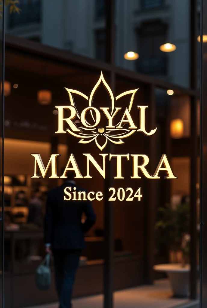 Create a clothing showroom sign featuring the name 'Royal Mantra' with a lotus symbol (🪷) before the word 'Royal.' Below the name, include 'Since 2024' in a smaller, elegant font. The overall design should reflect luxury, tradition, and sophistication, making it both eye-catching and memorable."