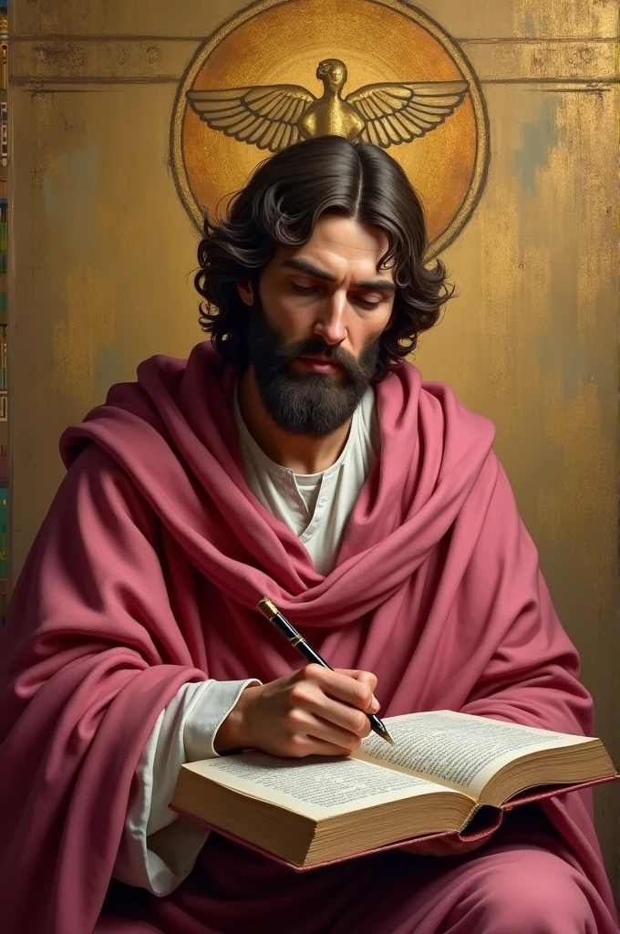 apostle saint matthew, with pinkish red cloak, writing in your book with a "old quill pen", and in the background a golden wall painted with the caduceus symbol.