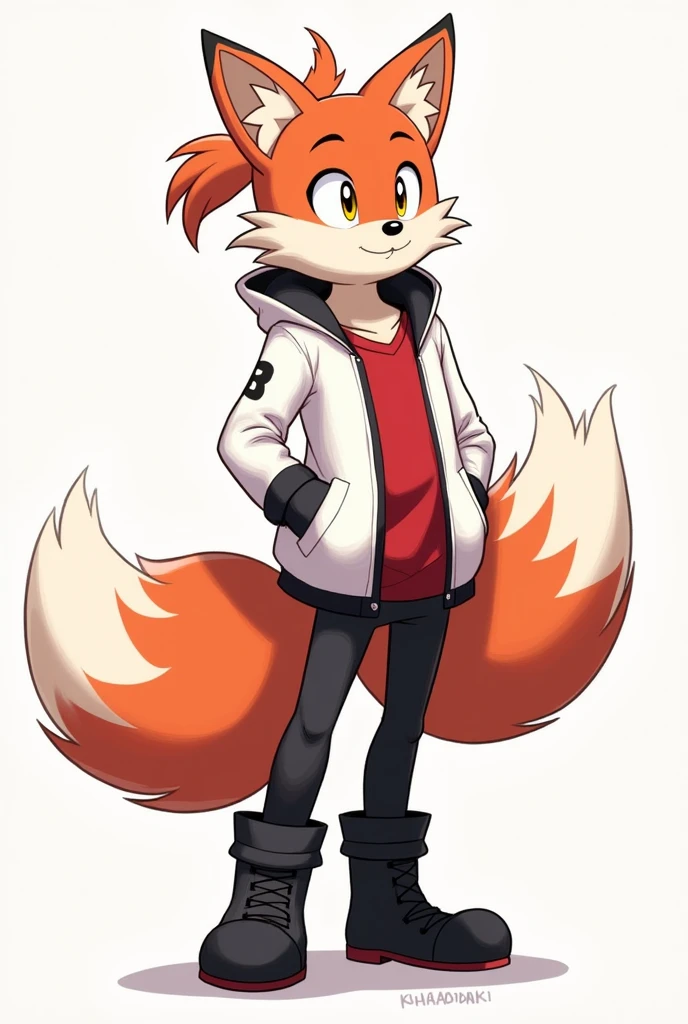 Create a Kitsune with half white and half red hair, with a ponytail, with fringe on the left side, yellow eyes, eyes large, humanoid, with ears and nine tails,in the form of a Sonic-style character, Caucasian skin, o nome dele é Kito Kaiiatsubaky, Men's White Windbreaker Jacket with Red Shirt, black pants and men's black boots,with gloves, Personalidade: always cheerful and lively and willing to protect his friends and companions.
