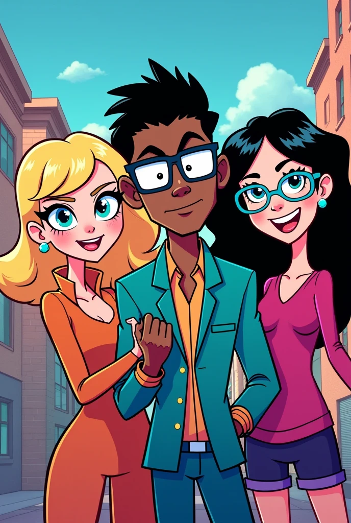 four separate people, being a white man with glasses, A black man in prescription glasses, a white woman with curly blonde hair, and a white woman with wavy black hair. in the drawing style of the teen titans go animations