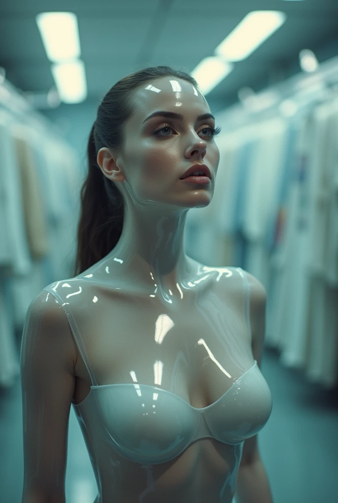 a skintight airtight glossy transparent foggy clear rubber layer is covering the face of a skintight airtight glossy transparent foggy clear rubber catsuited slim european  busty  who is gasping for air, standing inside rubberstore
