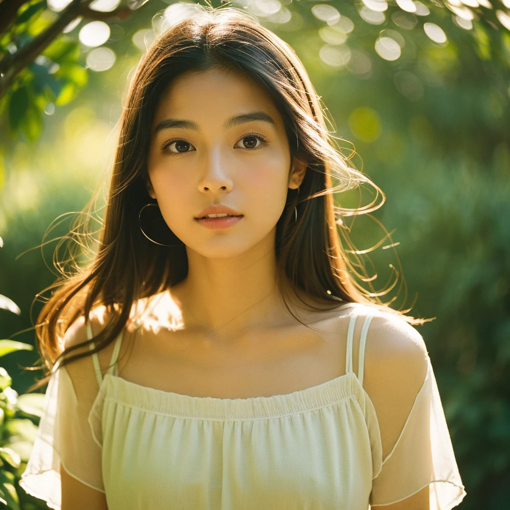 A hyper-realistic image of a single Japanese woman in her early 20s, captured with the rich, nostalgic warmth and pronounced graininess of a classic film camera. Her skin has a warm beige tone with a natural, slightly rough texture that includes visible pores, fine lines, and subtle imperfections such as small blemishes, adding to the authenticity of her appearance. The image is imbued with the signature characteristics of film photography: a soft, slightly muted color palette, noticeable grain, and a gentle vignetting around the edges that draws focus to the subject. The light is diffused and natural, reminiscent of a late summer afternoon, casting soft, golden highlights on her sun-kissed skin and creating deep, warm shadows that enhance the filmic quality. Her straight, glossy black hair is lightly tousled by a gentle summer breeze, and her deep brown eyes reflect the ambient light with a vintage warmth. The background hints at a summer setting, with blurred, sunlit greenery or the suggestion of a clear, warm sky, all rendered with the characteristic softness of film. She is dressed in light, breathable fabrics that suggest the warmth of the season, further complementing the film-like atmosphere. The overall composition is a blend of genuine, understated elegance and a nostalgic summer vibe, capturing the imperfections and the timeless beauty that make her appear truly lifelike, all through the lens of a classic film camera.