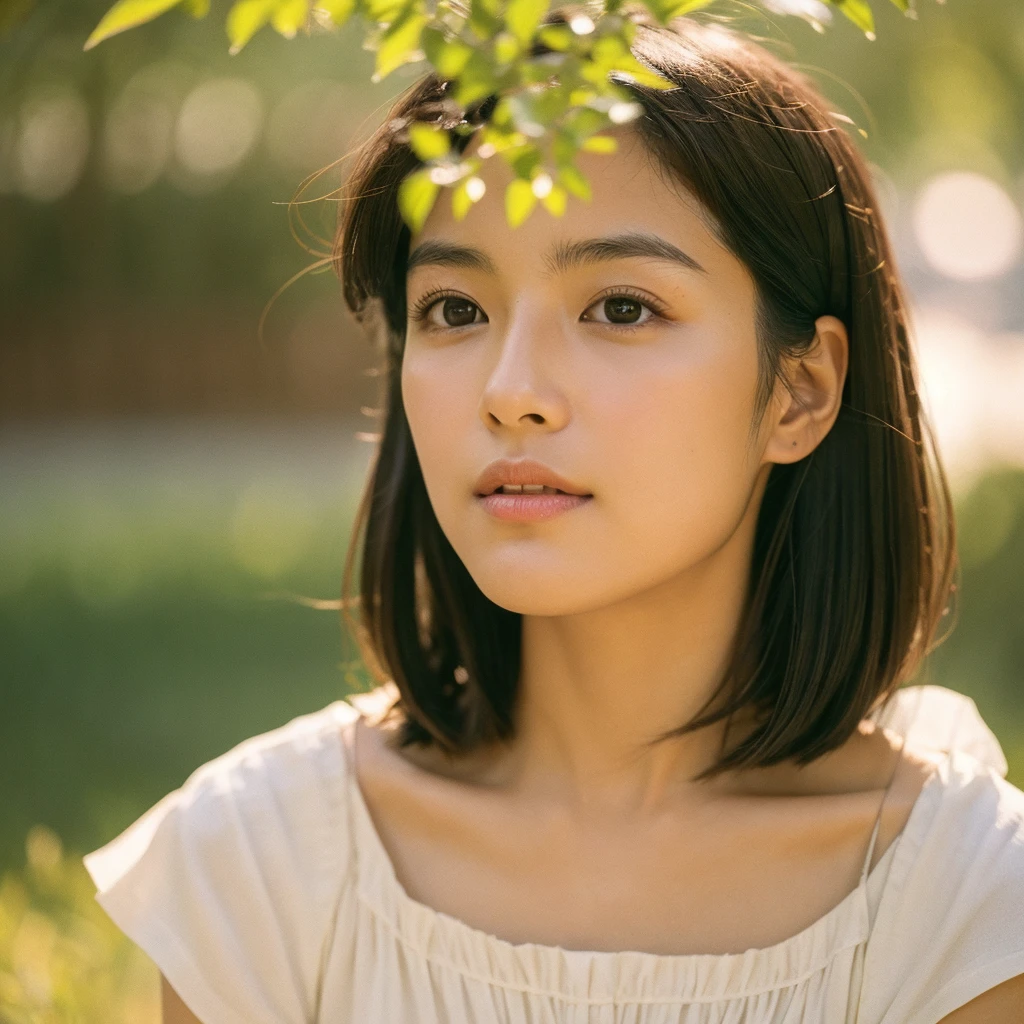 A hyper-realistic image of a single Japanese woman in her early 20s, captured with the rich, nostalgic warmth and pronounced graininess of a classic film camera. Her skin has a warm beige tone with a natural, slightly rough texture that includes visible pores, fine lines, and subtle imperfections such as small blemishes, adding to the authenticity of her appearance. The image is imbued with the signature characteristics of film photography: a soft, slightly muted color palette, noticeable grain, and a gentle vignetting around the edges that draws focus to the subject. The light is diffused and natural, reminiscent of a late summer afternoon, casting soft, golden highlights on her sun-kissed skin and creating deep, warm shadows that enhance the filmic quality. Her straight, glossy black hair is lightly tousled by a gentle summer breeze, and her deep brown eyes reflect the ambient light with a vintage warmth. The background hints at a summer setting, with blurred, sunlit greenery or the suggestion of a clear, warm sky, all rendered with the characteristic softness of film. She is dressed in light, breathable fabrics that suggest the warmth of the season, further complementing the film-like atmosphere. The overall composition is a blend of genuine, understated elegance and a nostalgic summer vibe, capturing the imperfections and the timeless beauty that make her appear truly lifelike, all through the lens of a classic film camera.