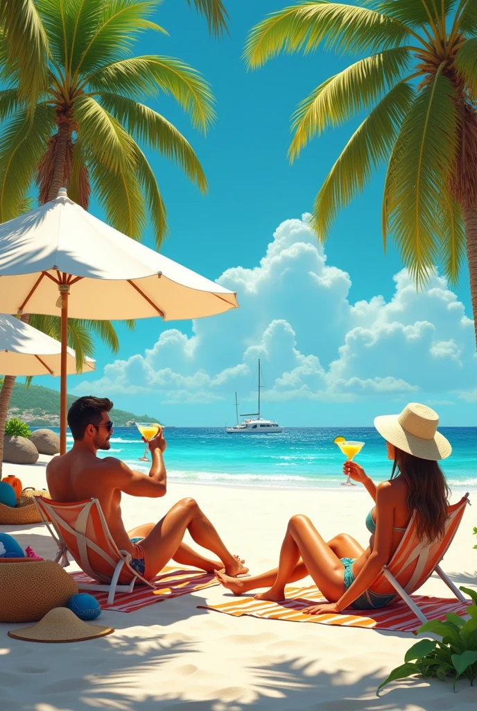 a beautiful day, on the beach, coconut trees, tents. beautiful women, beautiful men drinking margaritas.