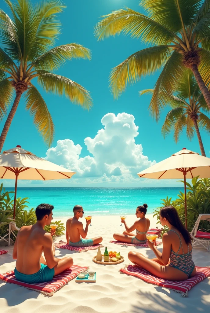 a beautiful day, on the beach, coconut trees, tents. beautiful women, beautiful men drinking margaritas.