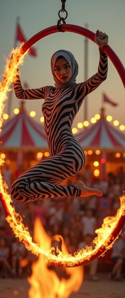 The most beautiful,thin,most pretty and clever Asian muslimah girl wears zebra lycra turtleneck unitard catsuit covered with stripes.She always wear zebra print lycra dancewear stretchy hijab.She is jumping through the hoop of fire in the circus show.
