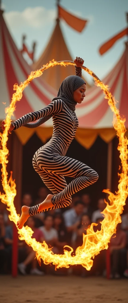 The most beautiful,thin,most pretty and clever Asian muslimah girl wears zebra lycra turtleneck unitard catsuit covered with stripes.She always wear zebra print lycra dancewear stretchy hijab.She is jumping through the hoop of fire in the circus show.