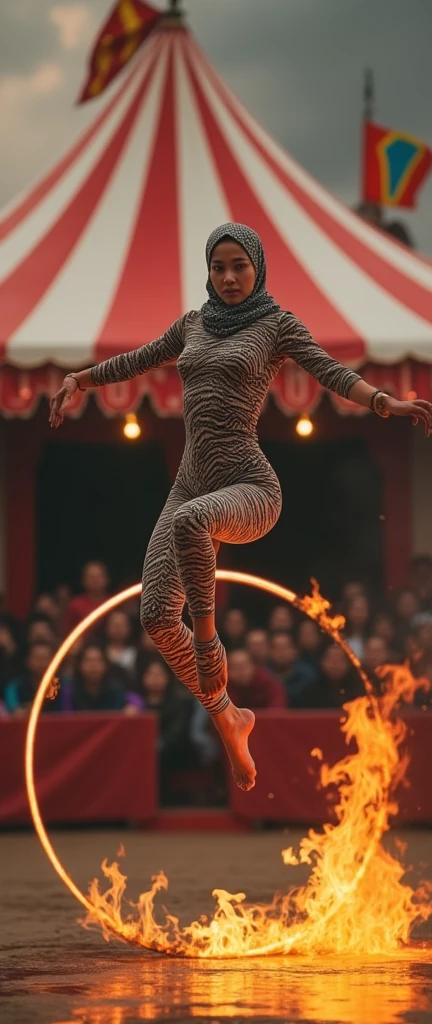 The most beautiful,thin,most pretty and clever Asian muslimah girl wears zebra lycra turtleneck unitard catsuit covered with stripes.She always wear zebra print lycra dancewear stretchy hijab.She is jumping through the hoop of fire in the circus show.