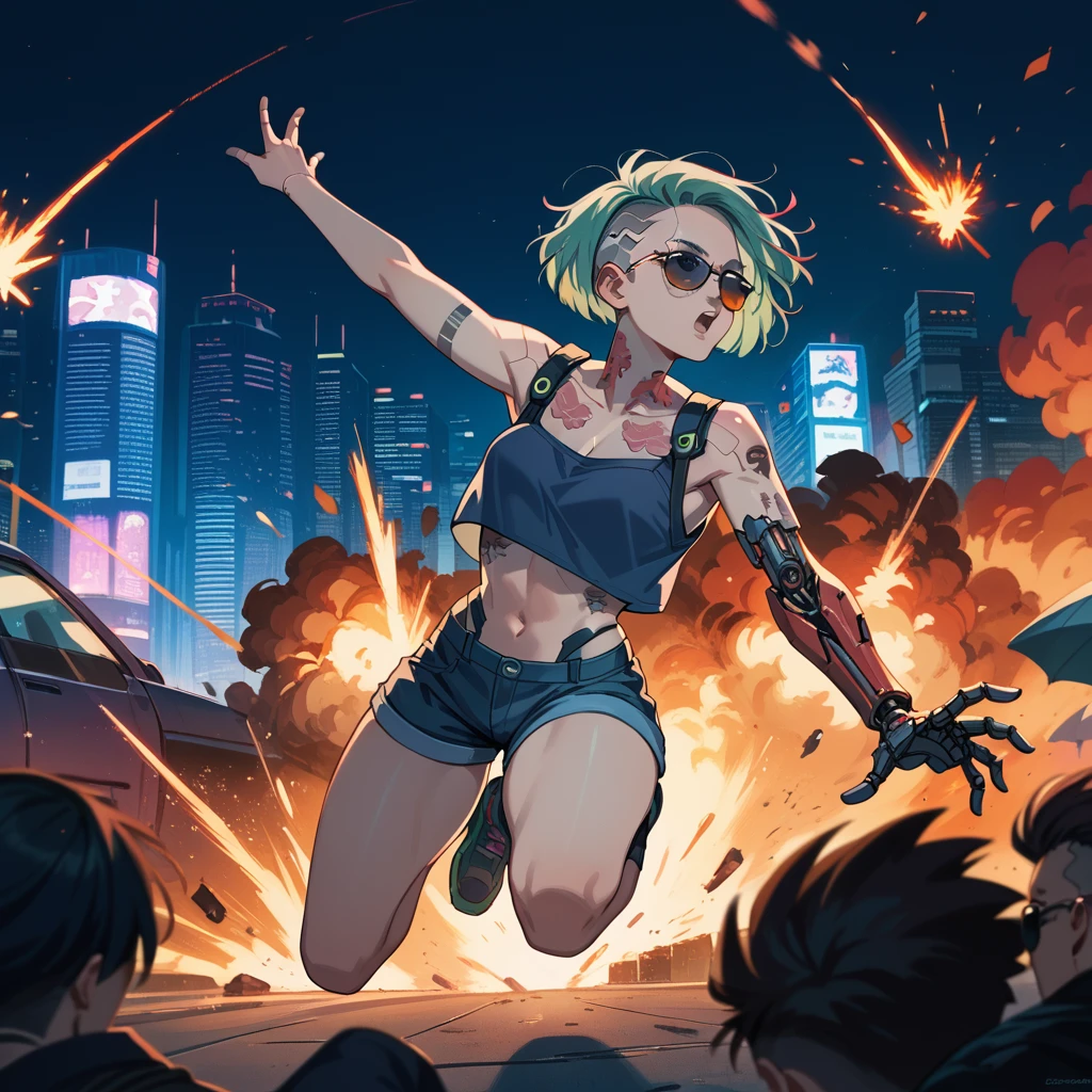 1 cyberpunk girl, sunglasses, short hair, robotic arm, tattoo on a large part of the body , jumping pose ,big cyberpunk city at night in background, detail richness, masterpiece, best quality, explosion of flashy colors , cyberpunk 2077 style