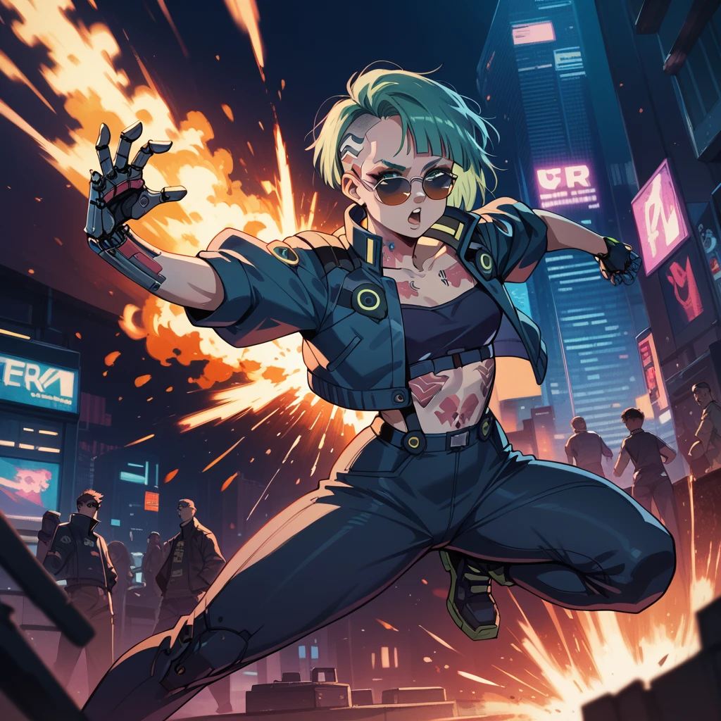 1 cyberpunk girl, sunglasses, short hair, robotic arm, tattoo on a large part of the body , jumping pose ,big cyberpunk city at night in background, detail richness, masterpiece, best quality, explosion of flashy colors , cyberpunk 2077 style