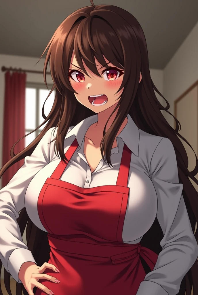 Anime Housewife with long brown hair, red apron over white shirt and red eyes 2, livid, curvy and big cup size, skinny waist