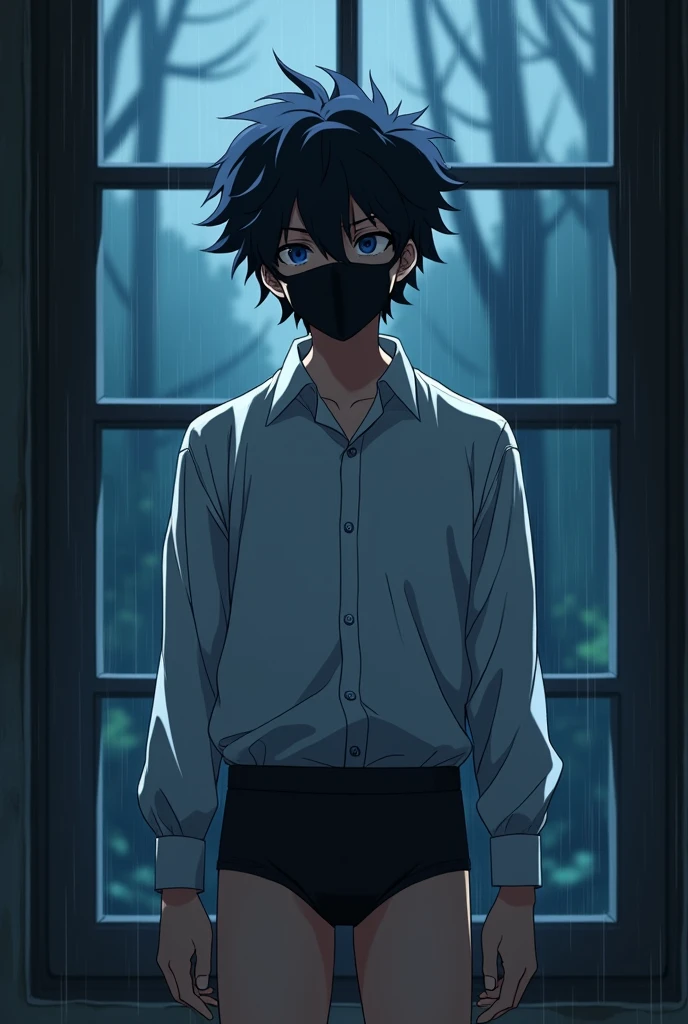 anime boy with black curly hair wearing a white dress shirt with long sleeves and black boxer briefs wearing a black surgical mask in an anime pose in front of a window with a rainy forest landscape at night, realistic anime 3d style, Ilya Kuvshinov. 4K, anime styling, photorealistic anime, Guweis style, Anime CG Art, pose de anime, frontal photo, fully body