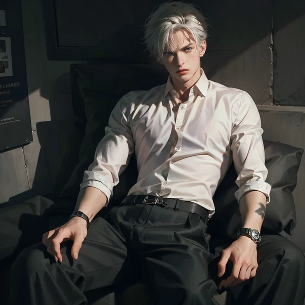 -Create 1 boy -Formal white shirt -Formal black pants -Has tattoos on his arms -Wears a watch on his left hand -Has medium-long hair, that fall disheveled waves -Has broad shoulders -Has a slim body -Has a muscular body -White hair -His skin tone is pale -Intense blue eyes -His personality must transmit sadness and loneliness -Penetrating look -Attractive face -Marked and thin jaw -With a background of a dark abandoned alley, at night 


