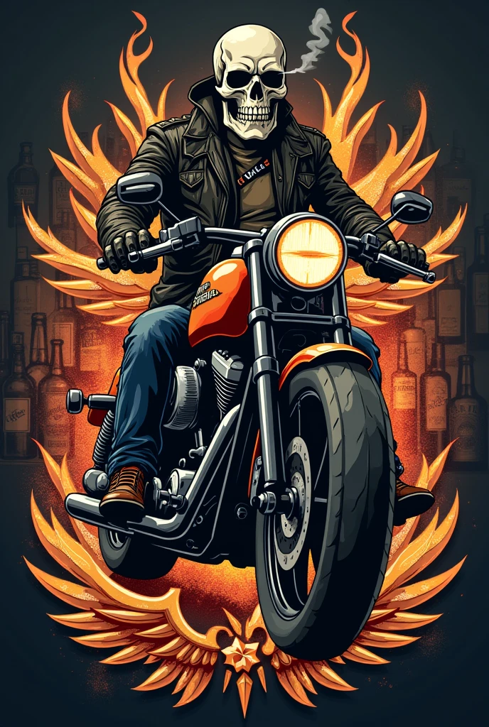 Logo with a skull smoking while riding a motorcycle with a sexy woman next to it, there are bottles of drinks and it says IRON HORSE on the engine, it has wings and fire with old school details.
