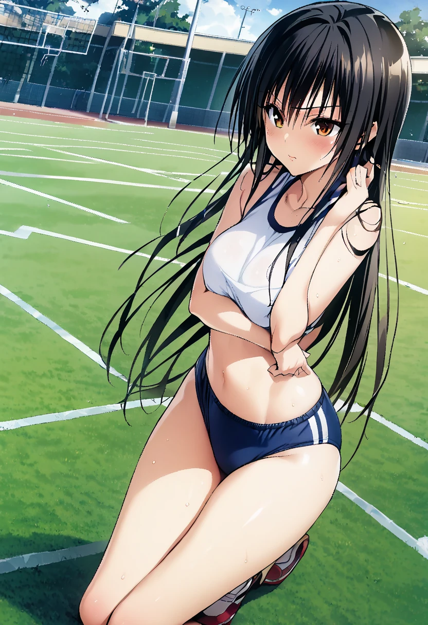 One girl, kotegawa yui, Black Hair, Long Hair, Brown eyes,((school gym buruma)),school ground,,masterpiece, best quality, absurdres