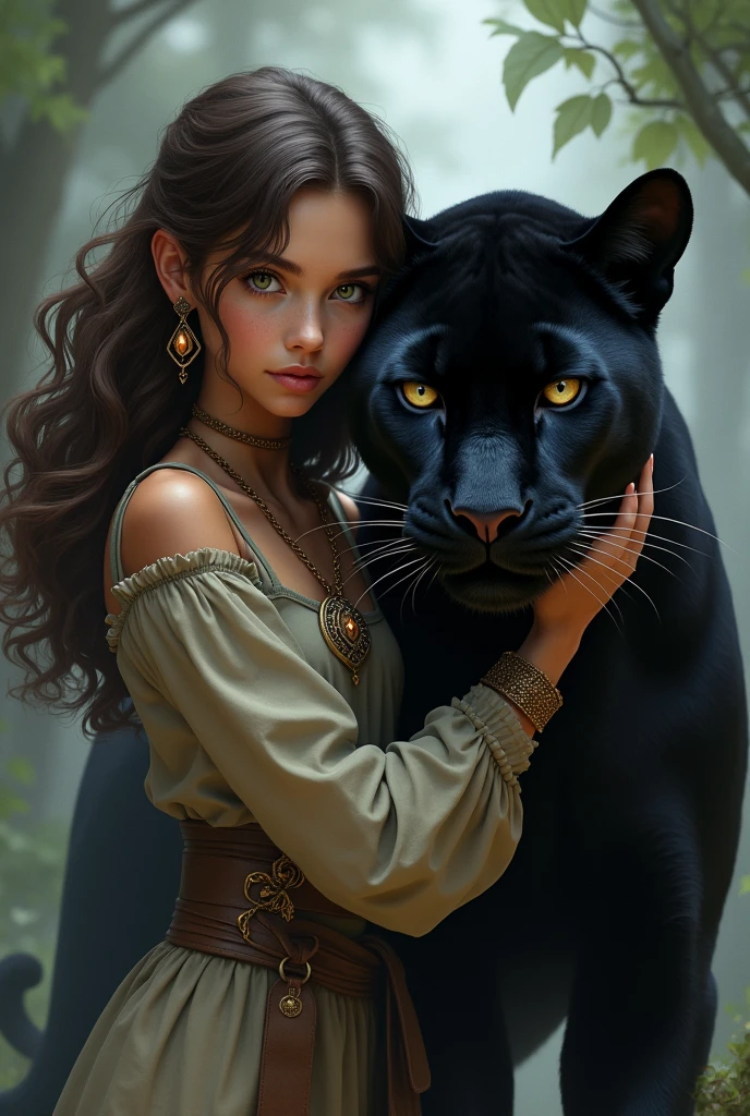 A girl with wavy chocolate brown hair and green eyes wearing a medal and gemstone earrings protecting a black panther with brown eyes 