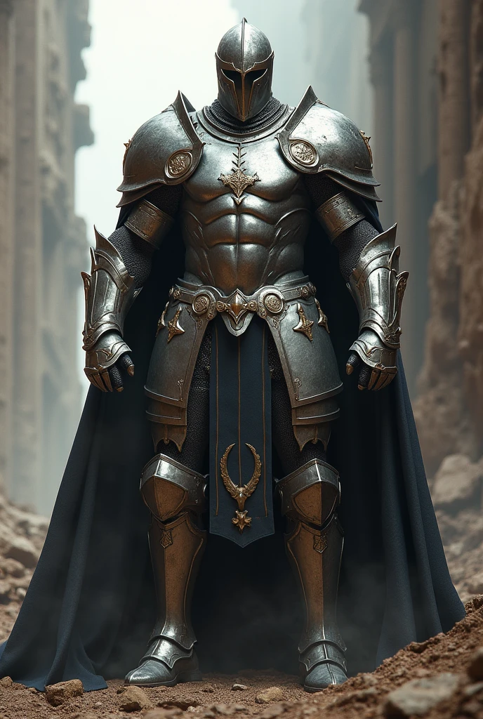 Create a super muscular knight wearing steel armor showing off his six pack