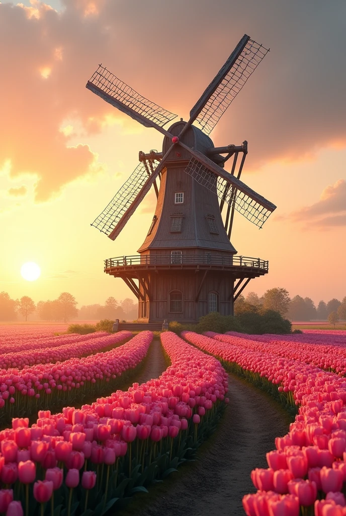 Large windmill in a field with paths with many pink tulips on each side in a beautiful sunset