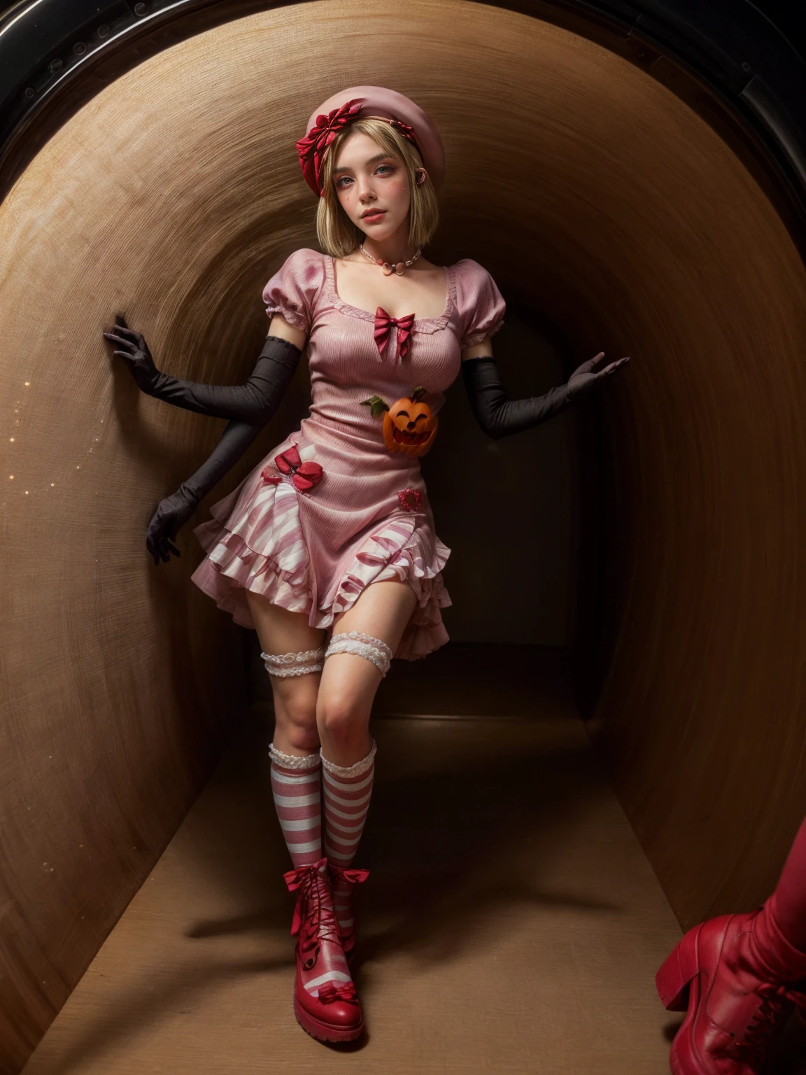 (1 lady), The beautiful, (Best quality at best:1.4), (ultra - detailed), (extremely detailed CG unified 16k), gold blonde hair, very detailed, High-definition RAW color photo, professional photoshooting, amazing face and eyes, cosmetics, (amazingly beautiful girl), ((lambdadelta, taller, tall woman)), ((dress, shoes bow, red shoes, striped stockings, red bow, pink hat, necklace, gloves, pearl, pumpkin brooch, pink dress)), levitating in a cute posture (floating in the air), (She's levitating in a cosmic sea, outer space:1.3, quantum hyperspace room lacking walls, hyperspace chamber, extremely detailed background, a lot of details background, realistic background), (look from above), realistic cinematic face, head to feet long wide zoomed out view, full body long view, photorealistic, ((realistic natural blonde hair style, red eyes)), gorgeous, extremely beautiful face, perfect model beauty, pout mouth, Highly Detailed Face and Skin Texture, Detailed Eyes, Double Eyelids, Big Breasts, Persistent Stare, Faith Trance, (mystical stare, looking eternity), (masterpiece), best quality, high resolution, depth of field, cinematic lighting, amazing legs, pink combat boots, clear and well-cared skin, bethcast