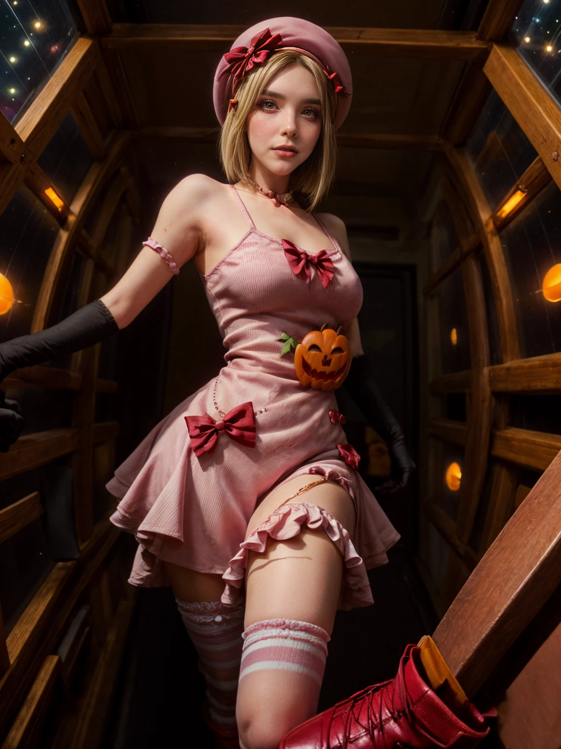 (1 lady), The beautiful, (Best quality at best:1.4), (ultra - detailed), (extremely detailed CG unified 16k), gold blonde hair, very detailed, High-definition RAW color photo, professional photoshooting, amazing face and eyes, cosmetics, (amazingly beautiful girl), ((lambdadelta, taller, tall woman)), ((dress, shoes bow, red shoes, striped stockings, red bow, pink hat, necklace, gloves, pearl, pumpkin brooch, pink dress)), levitating in a cute posture (floating in the air), (She's levitating in a cosmic sea, outer space:1.3, quantum hyperspace room lacking walls, hyperspace chamber, extremely detailed background, a lot of details background, realistic background), (look from above), realistic cinematic face, head to feet long wide zoomed out view, full body long view, photorealistic, ((realistic natural blonde hair style, red eyes)), gorgeous, extremely beautiful face, perfect model beauty, pout mouth, Highly Detailed Face and Skin Texture, Detailed Eyes, Double Eyelids, Big Breasts, Persistent Stare, Faith Trance, (mystical stare, looking eternity), (masterpiece), best quality, high resolution, depth of field, cinematic lighting, amazing legs, pink combat boots, clear and well-cared skin, bethcast