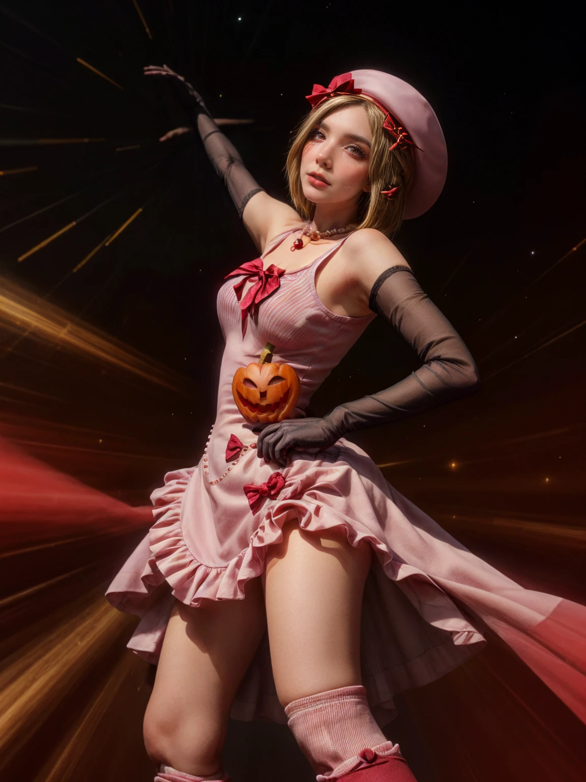 (1 lady), The beautiful, (Best quality at best:1.4), (ultra - detailed), (extremely detailed CG unified 16k), gold blonde hair, very detailed, High-definition RAW color photo, professional photoshooting, amazing face and eyes, cosmetics, (amazingly beautiful girl), ((lambdadelta, taller, tall woman)), ((dress, shoes bow, red shoes, striped stockings, red bow, pink hat, necklace, gloves, pearl, pumpkin brooch, pink dress)), levitating in a cute posture (floating in the air), (She's levitating in a cosmic sea, outer space:1.3, quantum hyperspace room lacking walls, hyperspace chamber, extremely detailed background, a lot of details background, realistic background), (look from above), realistic cinematic face, head to feet long wide zoomed out view, full body long view, photorealistic, ((realistic natural blonde hair style, red eyes)), gorgeous, extremely beautiful face, perfect model beauty, pout mouth, Highly Detailed Face and Skin Texture, Detailed Eyes, Double Eyelids, Big Breasts, Persistent Stare, Faith Trance, (mystical stare, looking eternity), (masterpiece), best quality, high resolution, depth of field, cinematic lighting, amazing legs, pink combat boots, clear and well-cared skin, bethcast