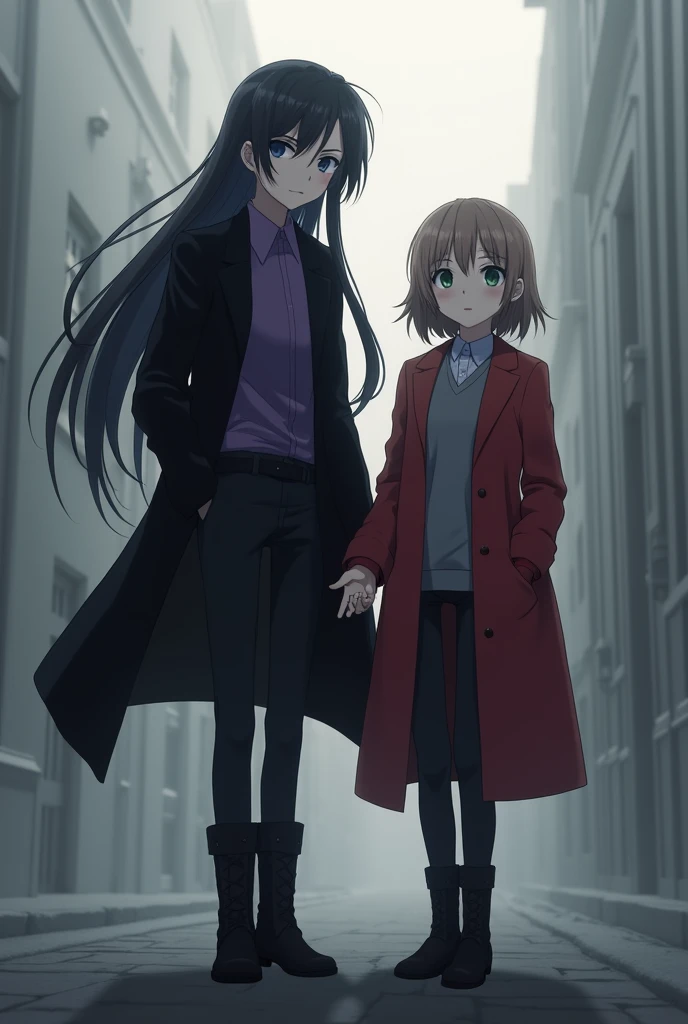 More mature anime style image. Gray background image. A teenager with long black hair with side bangs and light blue eyes, wore a purple blouse and a black overcoat, black pants and boots. There was another teenage girl with short light brown hair and light green eyes, she was wearing a gray blouse over a red coat, black pants and black boots.