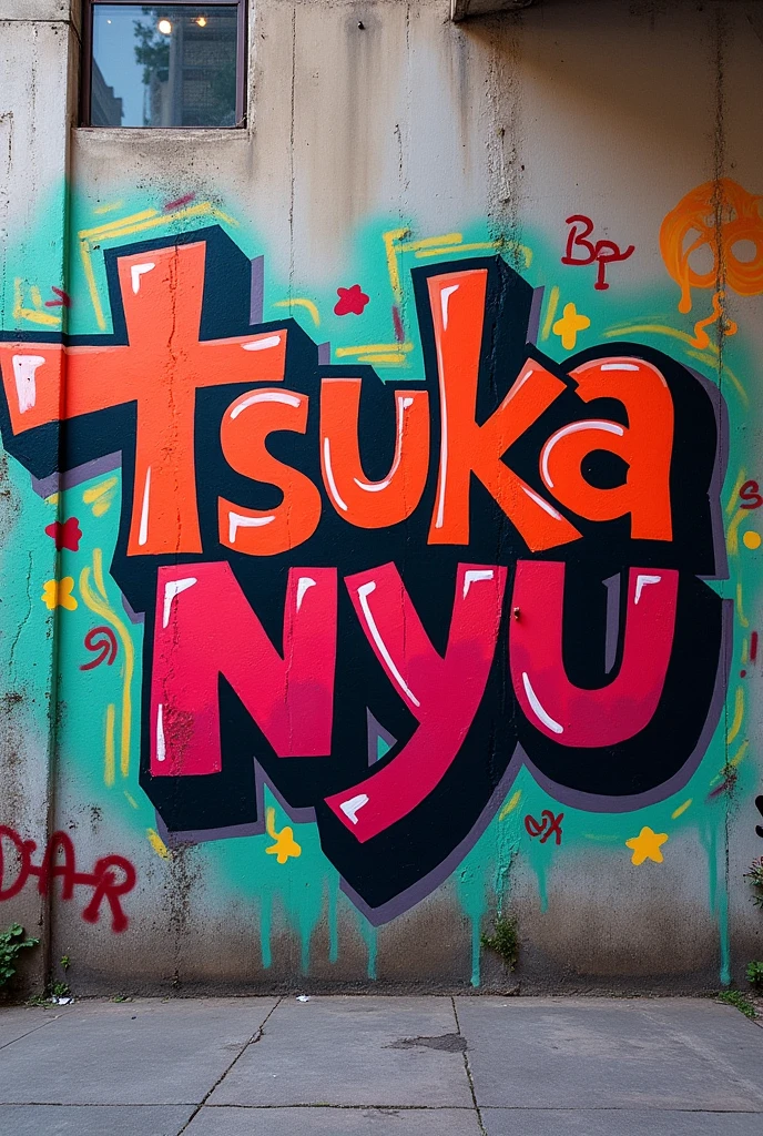 There is a graffiti with the words Tsuka Nyu 
