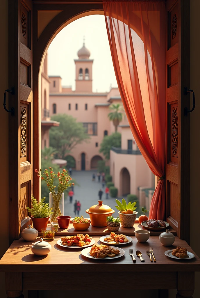 A view from a marrakesh window. There's a table with food, behind it there's a marrakesh window and from it we can see a neighboor house.