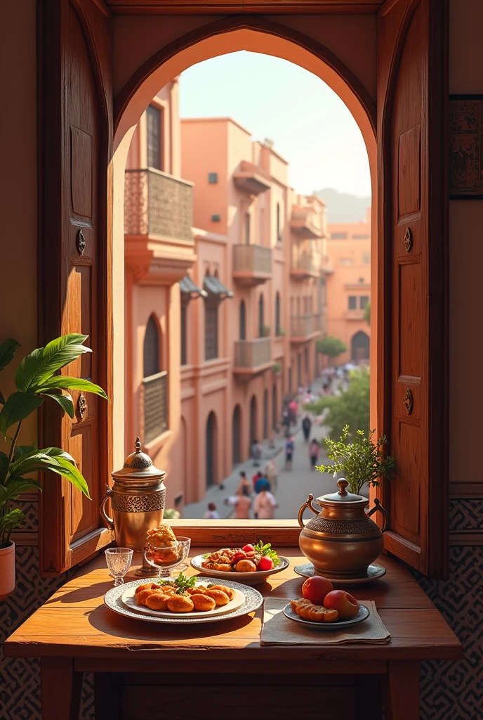 A view from a marrakesh window. There's a table with food, behind it there's a marrakesh window and from it we can see a neighboor house.
